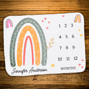Pink Boho Watercolor Rainbow Baby Girl Milestone Blanket