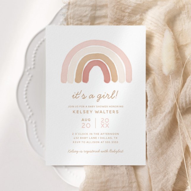 Pink Boho Watercolor Rainbow Girl Baby Shower Invitation (Creator Uploaded)