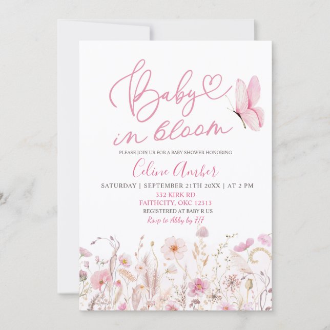 Pink Boho Wildflower Baby in Bloom Baby Shower Invitation (Front)