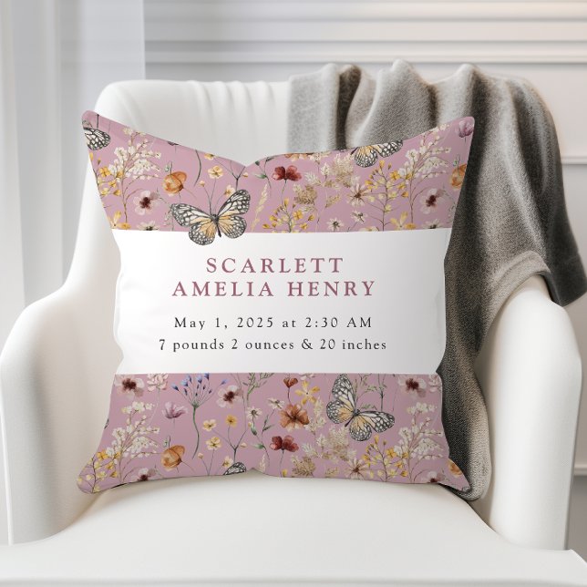 Pink Boho Wildflower Baby Stats Throw Pillow (Dusty Pink Boho Wildflower Baby Stats Throw Pillow with Butterflies by Painted Paperie
)