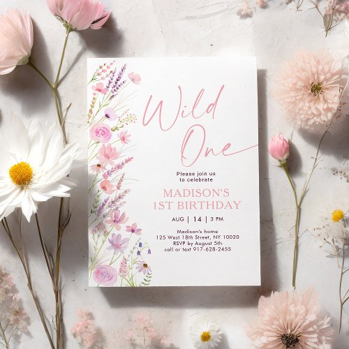 Pink Boho Wildflower First Birthday Invitation