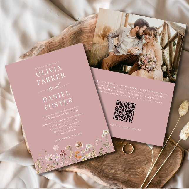 Pink Boho Wildflower QR Code Photo Wedding  Invitation (Creator Uploaded)