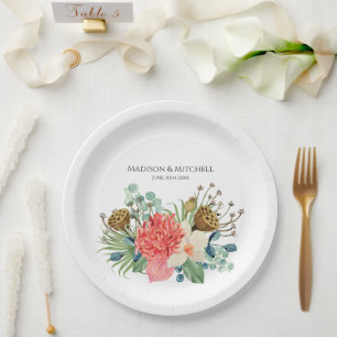 Pink Boho Wildflower Watercolor Bouquet Wedding Paper Plates