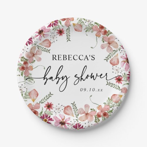 Pink Boho Wildflowers Baby Shower Paper Plates 