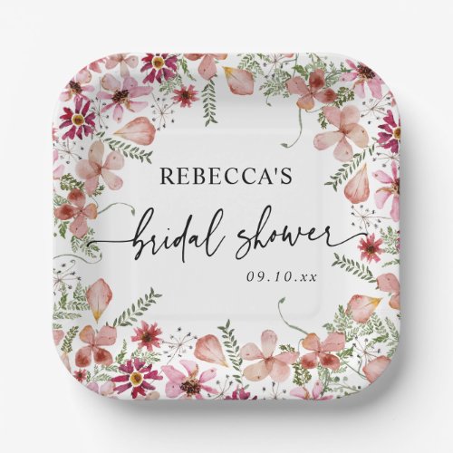 Pink Boho Wildflowers Bridal Shower Paper Plates 