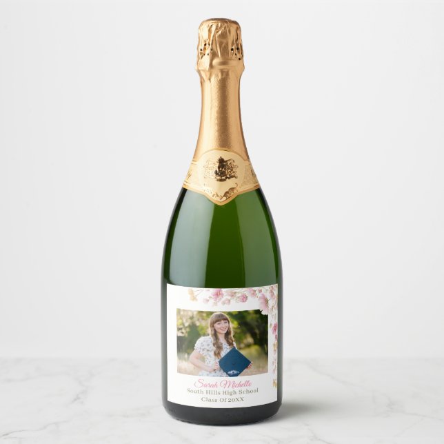 Pink Boho Wildflowers Graduation Party Sparkling Wine Label (Front)