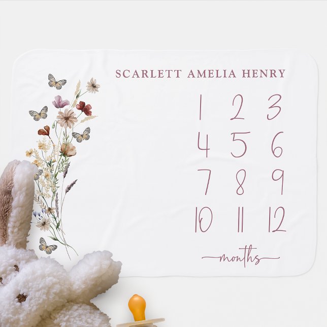 Pink Boho Wildflowers Milestones Baby Blanket (Dusty Pink Boho Wildflowers Milestones Baby Blanket by Painted Paperie
)
