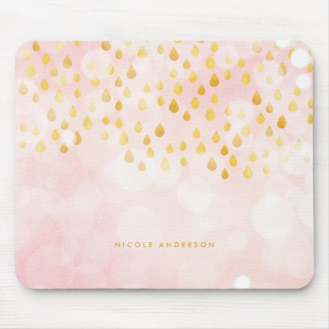 Pink Bokeh and Raindrops Gold Foil Confetti Mouse Pad (Front)