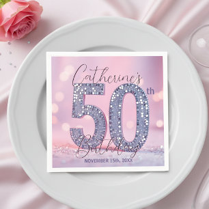 Pink Bokeh Glam Silver Glitter 50th Birthday Napkins