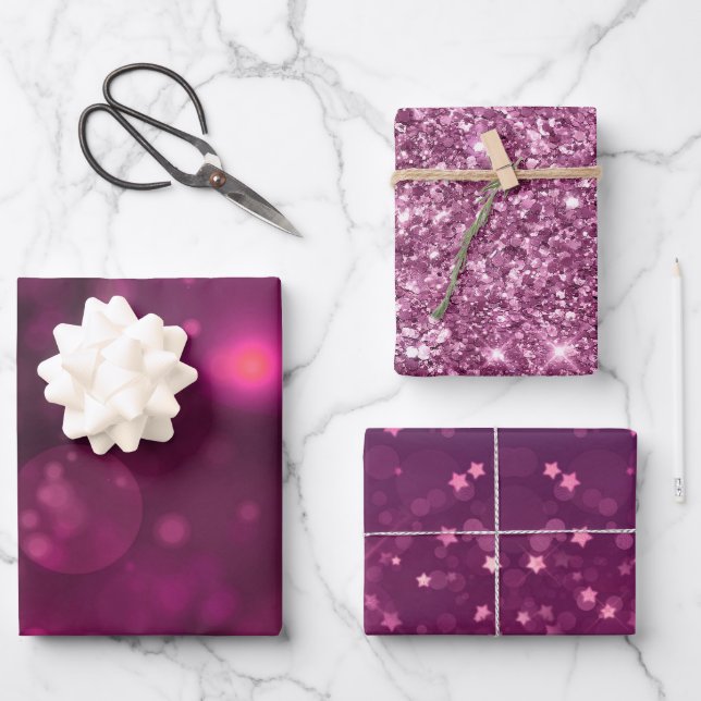 Pink Bokeh Glitter Stars Wrapping Paper Sheets (Front)