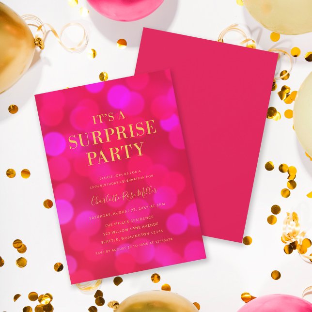 Pink Bokeh Gold It's a Surprise Party Birthday Invitation (Creator Uploaded)