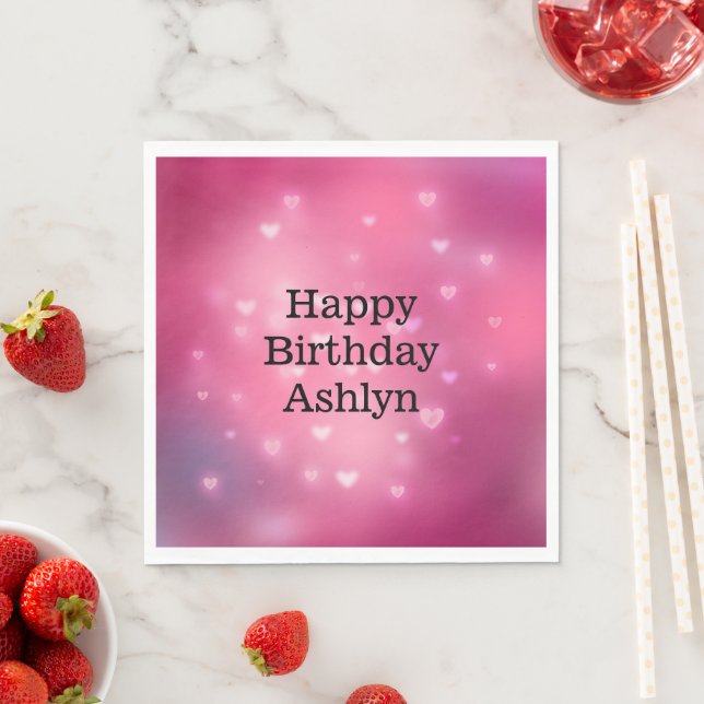 Pink Bokeh Hearts Birthday Napkins (Insitu)