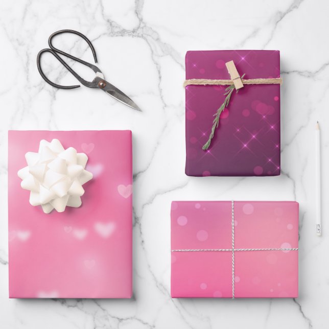 Pink Bokeh Hearts Birthday Wrapping Paper Sheets (Front)
