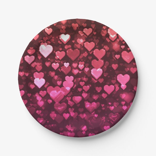 Pink Bokeh Hearts Digital Background Wallpaper Paper Plates (Front)