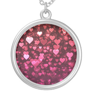 Pink Bokeh Hearts Digital Background Wallpaper Silver Plated Necklace