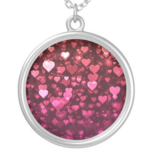 Pink Bokeh Hearts Digital Background Wallpaper Silver Plated Necklace