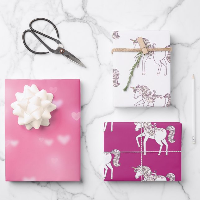 Pink Bokeh Hearts Unicorn Birthday Wrapping Paper Sheets (Front)