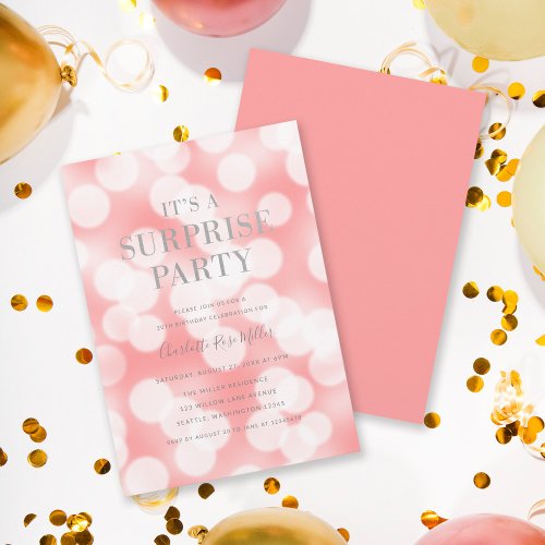 Pink Bokeh Lights Its a Surprise Party Birthday Invitation