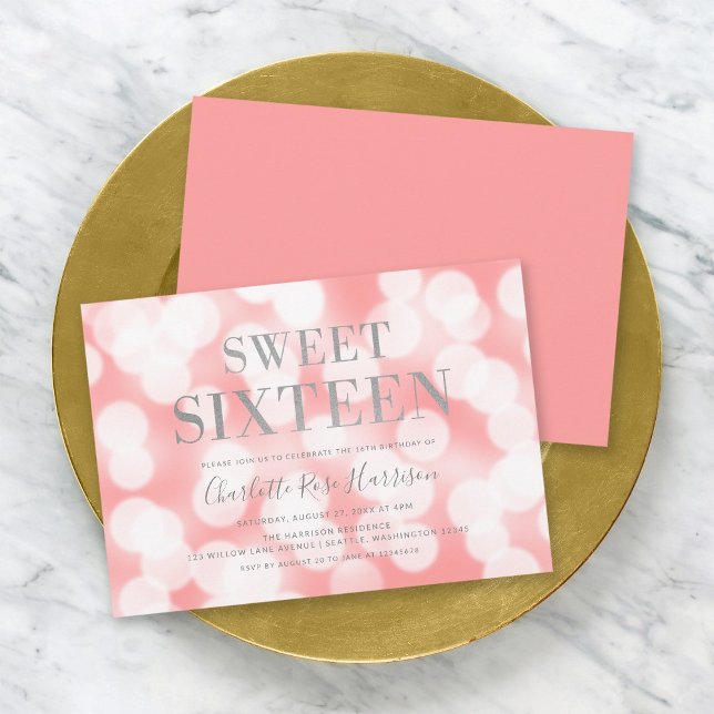 Pink Bokeh Lights Silver Sweet Sixteen Birthday Invitation (Creator Uploaded)