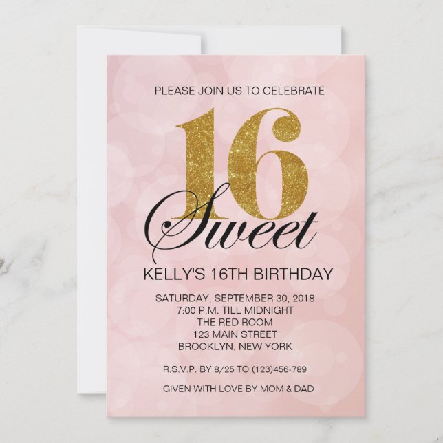 Pink Bokeh Lights Sweet 16 Gold Glitter Invitation (Front)