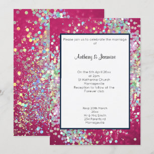 PINK BOKEH NAVY TRIM HOLOGRAPHIC PASTEL WEDDING   INVITATION
