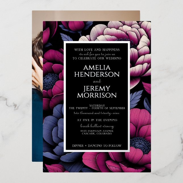 Pink Bold Floral with Photo Foil Invitation (Front/Back)