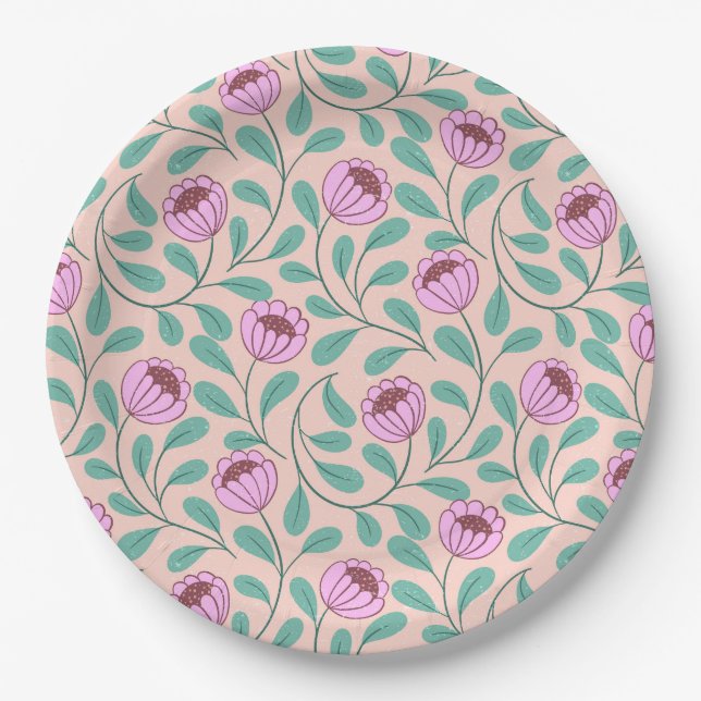Pink bold florals paper plates (Front)