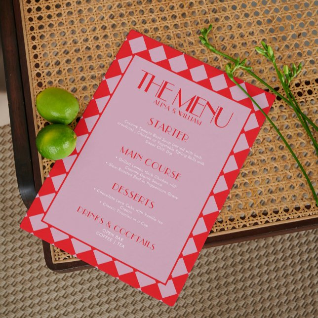 Pink Bold Funky Retro Checkerboard Wedding Menu  (Creator Uploaded)