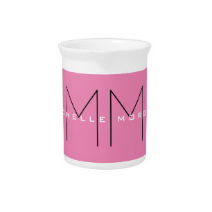 Pink Bold Monogram Modern Minimalist Name Initials Beverage Pitcher