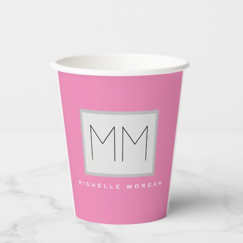 Pink Bold Monogram Modern Minimalist Name Initials Paper Cups