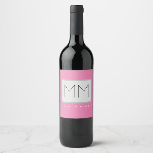 Pink Bold Monogram Modern Minimalist Name Initials Wine Label