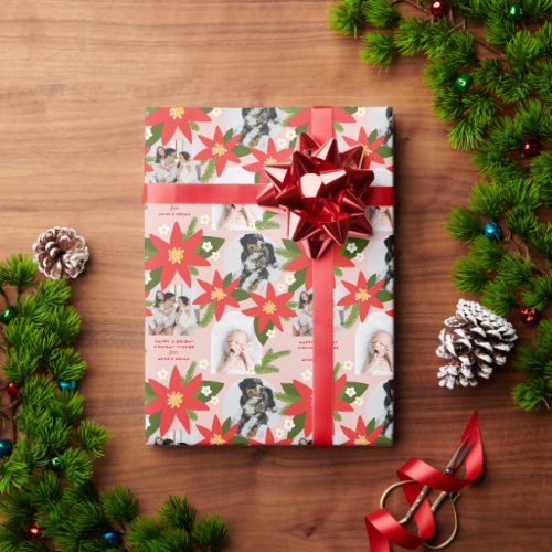 Pink Bold Poinsettia Three Photo Christmas Holiday Wrapping Paper