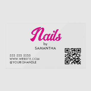 Pink Bold Script QR Code Nail Salon Clear Business Cards