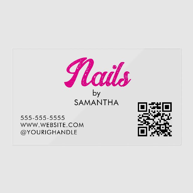  Pink Bold Script QR Code Nail Salon  Clear Business Cards (Front)