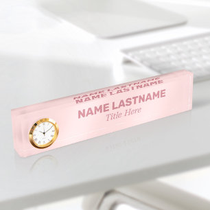 Pink Bold Simple Basic Minimalist Modern Clock Desk Name Plate