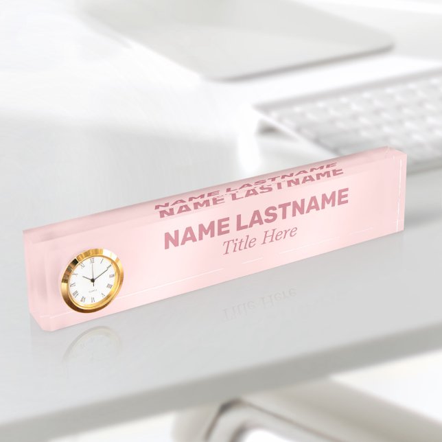Pink Bold Simple Basic Minimalist Modern Clock Desk Name Plate (Creator Uploaded)