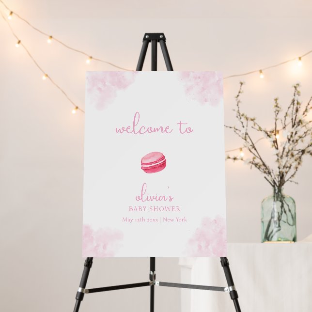 Pink Bonjour Bébé Macaron Baby Shower Welcome Sign (In Situ (Stand))