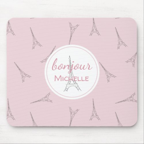 Pink Bonjour Eiffel Tower Pattern Girly Mouse Pad