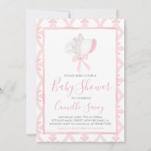 Pink Bonnet Girl Baby Shower Preppy Southern Invitation