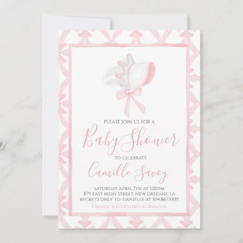 Pink Bonnet Girl Baby Shower Preppy Southern Invitation