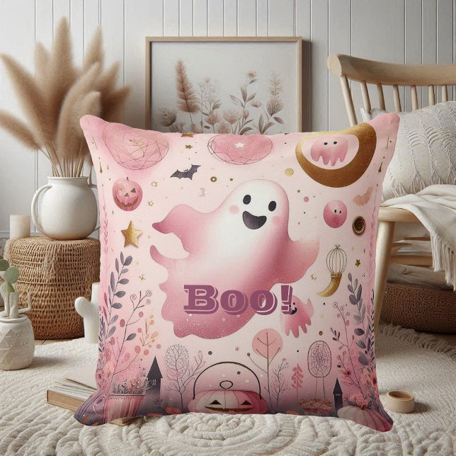 Pink Boo Friendly Ghost Halloween Jack o lantern Throw Pillow (Pink Boo Friendly Ghost Halloween Jack o lantern Throw Pillow)