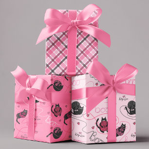 Pink Boo Kitty Love Kittens and Yarn Kids Wrapping Paper Sheets