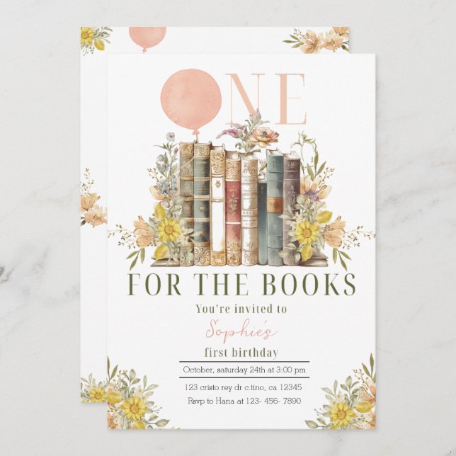 Pink Book First Birthday Invitation (Front/Back)