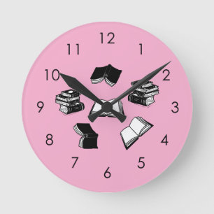 Pink Bookish Bibliophile Librarian Book Pattern Round Clock