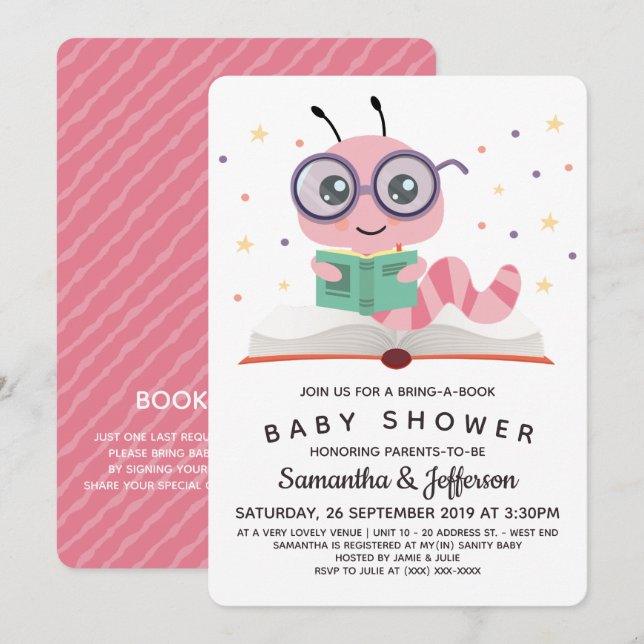 Pink Bookworm Book Baby Shower Invitation (Front/Back)