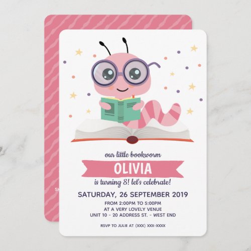 Pink Bookworm Book Birthday Party Invitation