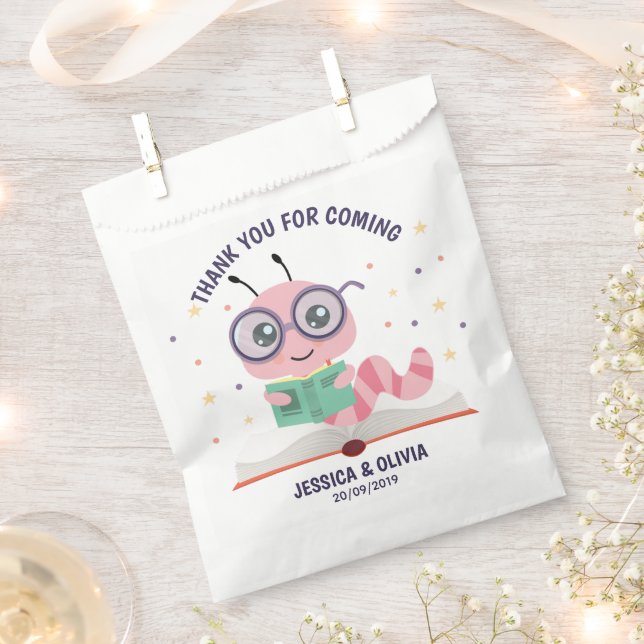 Pink Bookworm Theme Favor Bag (Clipped)