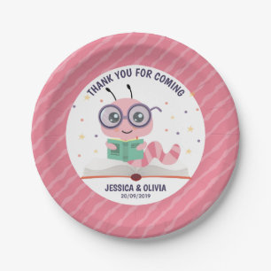 Pink Bookworm Theme Paper Plates