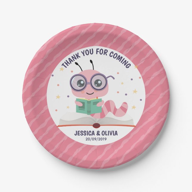 Pink Bookworm Theme Paper Plates (Front)