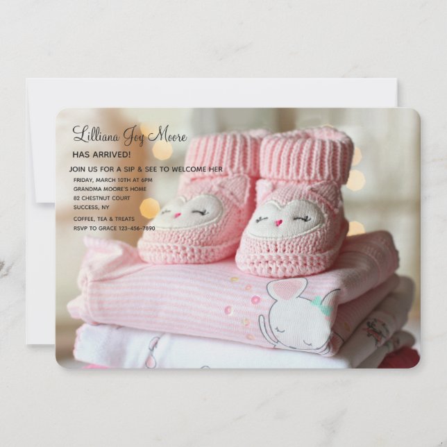 Pink Booties Sip and See Invitation (Front)